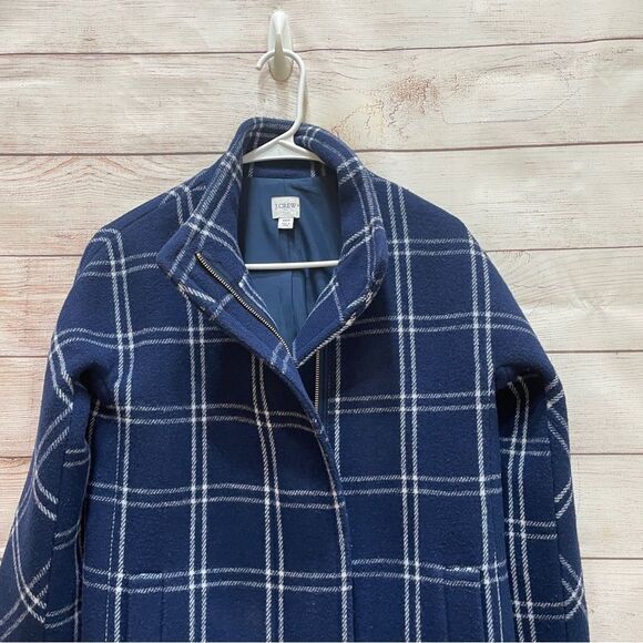 J CREW WOOL CITY COAT IN NAVY BLUE AND WHITE‎ WINDOWPANE - Picture 2 of 11